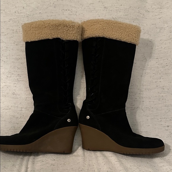 UGG Shoes - UGG Black Suede with Sheepskin Tall Wedge Boots